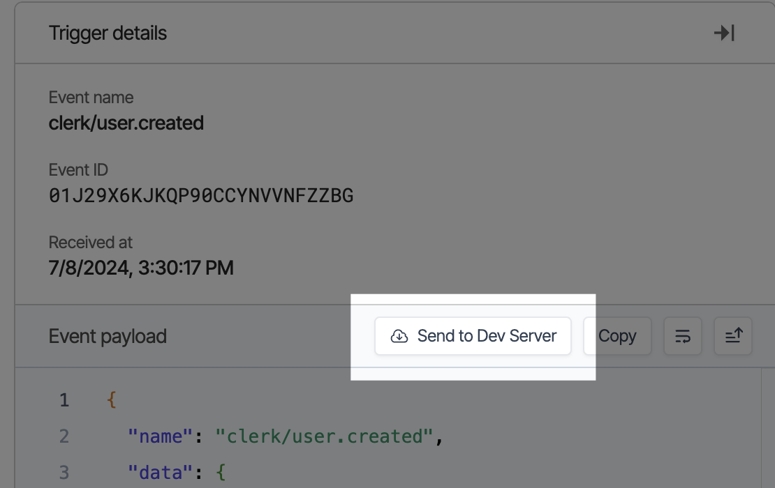 Send to dev server button in the Inngest cloud dashboard